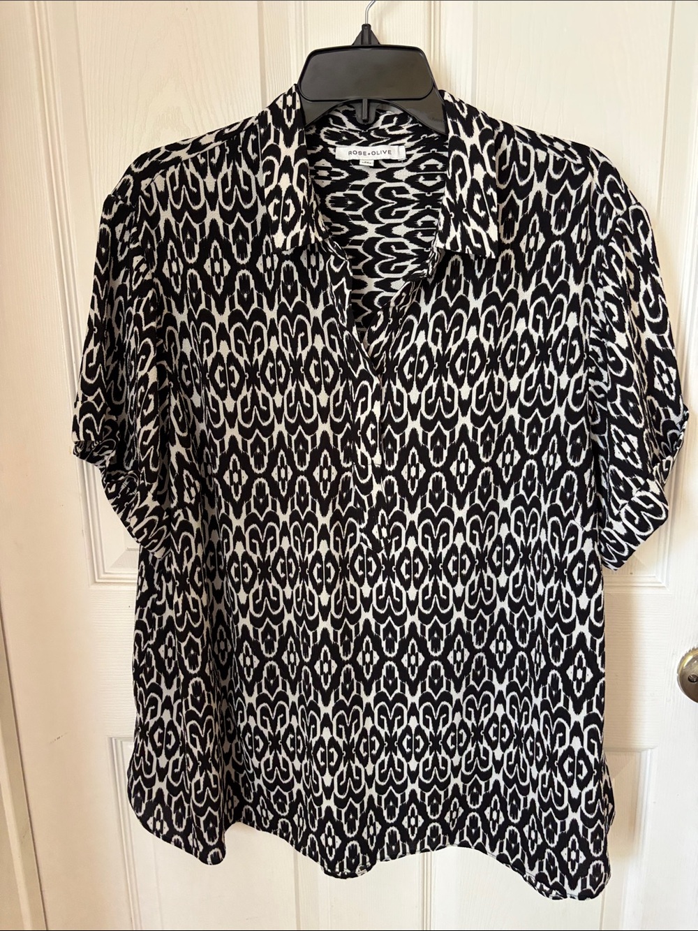 Rose & Olive Black and White Ikat Collared Button Blouse